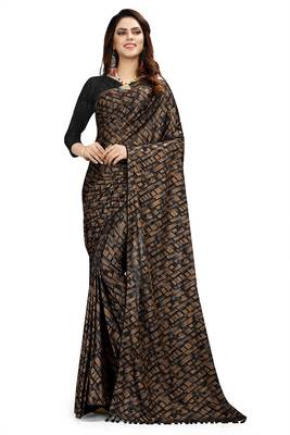 Brown printed lycra saree with blouse 1