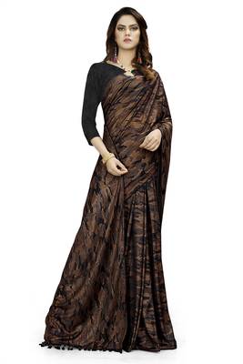 Brown printed lycra saree with blouse 2