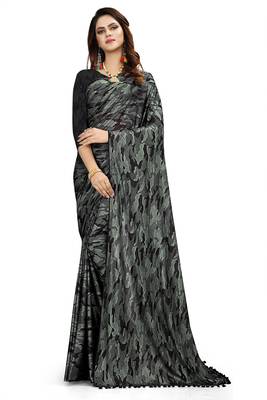 Green printed lycra saree with blouse 1