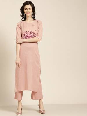 Women's pink embroidered straight kurta with palazzo 1