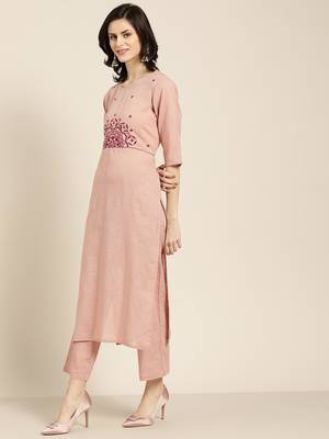 Women's pink embroidered straight kurta with palazzo 2