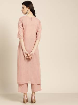 Women's pink embroidered straight kurta with palazzo 3