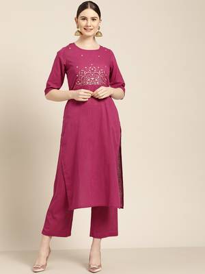 Women's Magenta embroidered kurta with palazzo 1