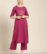 Women's Magenta embroidered kurta with palazzo
