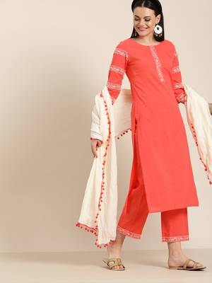 Peach embroidered straight kurta with palazzo & dupatta 1