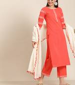 Peach embroidered straight kurta with palazzo & dupatta