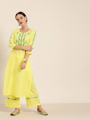 Yellow embroidered kurta & palazzo set 1