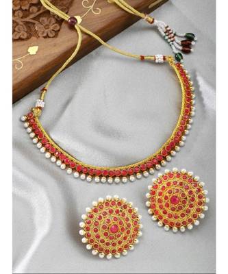 Gold Plated Stylish Red Stone Studded Choker Necklace Jewellery Set For Women 1