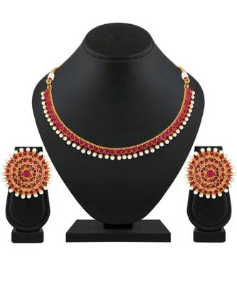 Gold Plated Stylish Red Stone Studded Choker Necklace Jewellery Set For Women 2
