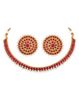 Gold Plated Stylish Red Stone Studded Choker Necklace Jewellery Set For Women 3