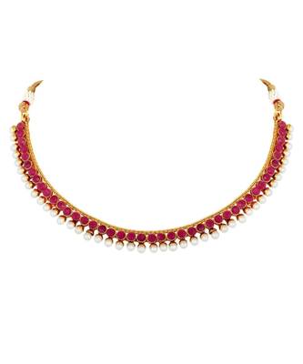 Gold Plated Stylish Red Stone Studded Choker Necklace Jewellery Set For Women 4