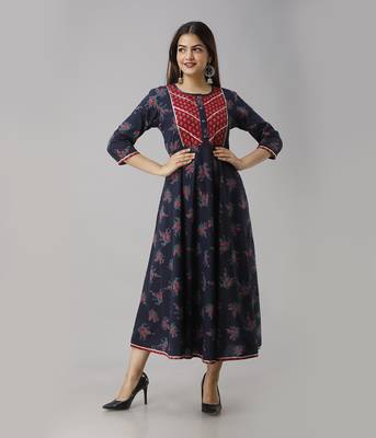 Women's  Blue Cotton Anarkali Floral Printed Kurta 1