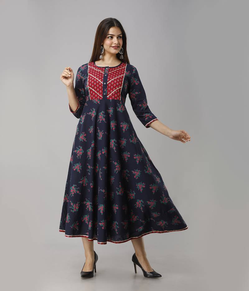 Women's  Blue Cotton Anarkali Floral Printed Kurta