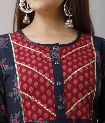 Women's  Blue Cotton Anarkali Floral Printed Kurta 3