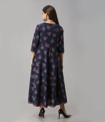 Women's  Blue Cotton Anarkali Floral Printed Kurta 4