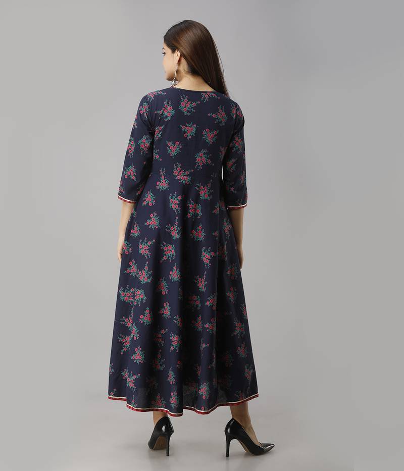 Women's  Blue Cotton Anarkali Floral Printed Kurta
