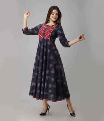 Women's  Blue Cotton Anarkali Floral Printed Kurta 5