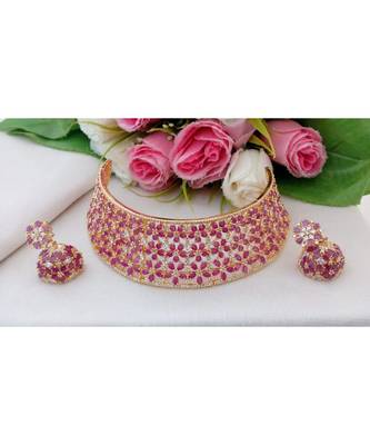 Gorgeous Choker Made Out From Ruby & Cz Stones With A Pair Of Matching Jhumkas 1