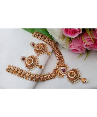 Mezmerising Matt Gold Finish Flower Desin Necklace With Cz & Ruby Emerald Stones With A Pair Of Matching Ear Rings 1