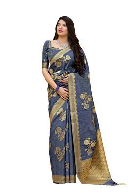 Blue printed banarasi silk saree with blouse 1