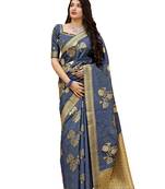 Blue printed banarasi silk saree with blouse