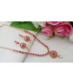 Lovely Gold Tone Designer Necklace With Ruby Stones With A Pair Of Matching Ear Rings