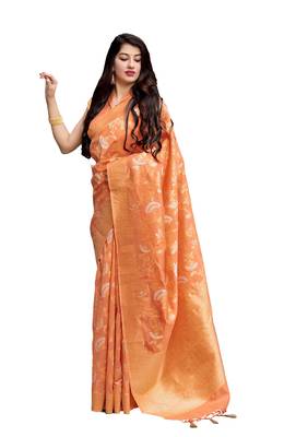 Orange printed banarasi silk saree with blouse 1