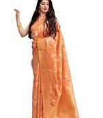 Orange printed banarasi silk saree with blouse