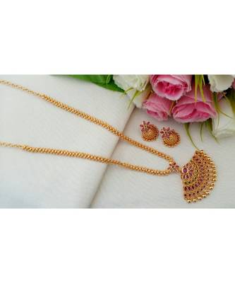 Exquisite Gold Tone Desiner Chain With Ruby Emerald Pendant With A Pair Of Matching Jhumkas 1