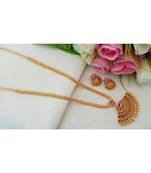 Exquisite Gold Tone Desiner Chain With Ruby Emerald Pendant With A Pair Of Matching Jhumkas