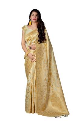 Gold printed banarasi silk saree with blouse 1