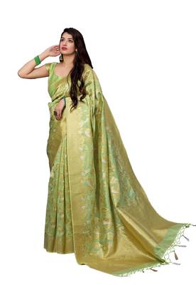 Green printed banarasi silk saree with blouse 1