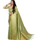 Green printed banarasi silk saree with blouse