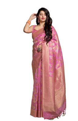 Pink printed banarasi silk saree with blouse 1