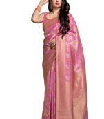 Pink printed banarasi silk saree with blouse