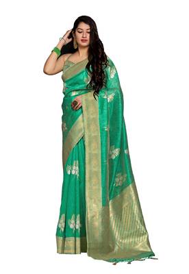 Green printed banarasi silk saree with blouse 1