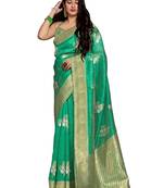 Green printed banarasi silk saree with blouse