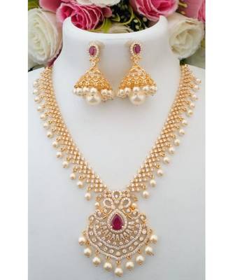 Beautiful Cubic Zircon Stone Necklace With A Pair Of Matching Jhumkas 1