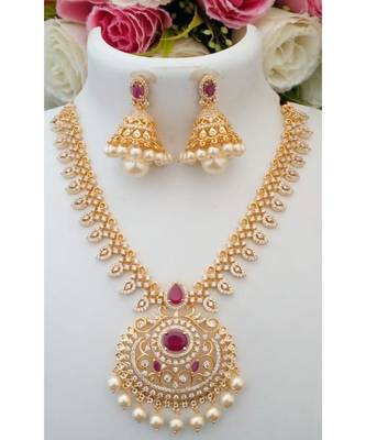 Elegant Designer American Diamond Stone Necklace With A Pair Of Matching Jhumkas 1