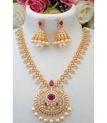Elegant Designer American Diamond Stone Necklace With A Pair Of Matching Jhumkas