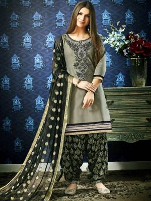 grey Embroidered Satin Unstitched Salwar With Dupatta 1