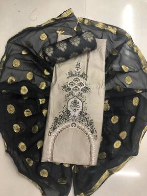 grey Embroidered Satin Unstitched Salwar With Dupatta 2