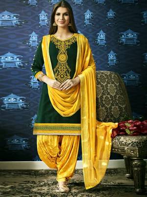 green Embroidered Satin Unstitched Salwar With Dupatta 1