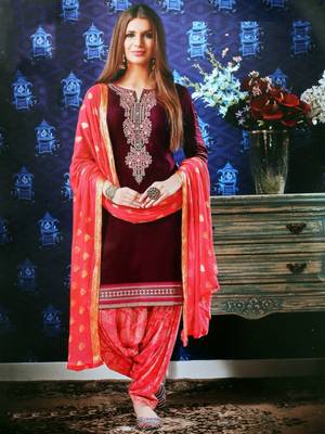 wine pink Embroidered Satin Unstitched Salwar With Dupatta 1