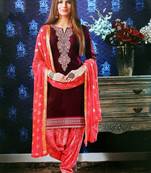 wine pink Embroidered Satin Unstitched Salwar With Dupatta