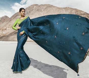 Teal Embroidered Silk Blend Saree With Blouse 1