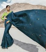 Teal Embroidered Silk Blend Saree With Blouse