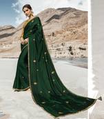 Dark Green Embroidered Silk Blend Saree With Blouse