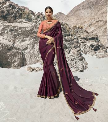 Wine Embroidered Silk Blend Saree With Blouse 1