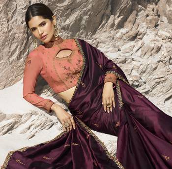 Wine Embroidered Silk Blend Saree With Blouse 2